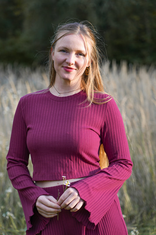 Cropped Damenpullover in Bordeaux aus Bio-Baumwolle
