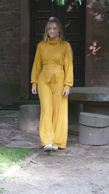 Nachhaltige High Waist Wide Leg Pants aus geripptem Stoff mit breitem Bündchen für Damen im Herbst